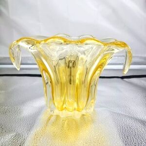 Vintage Mid Century Art Glass Vase Planter Gold Tint Scalloped Rim